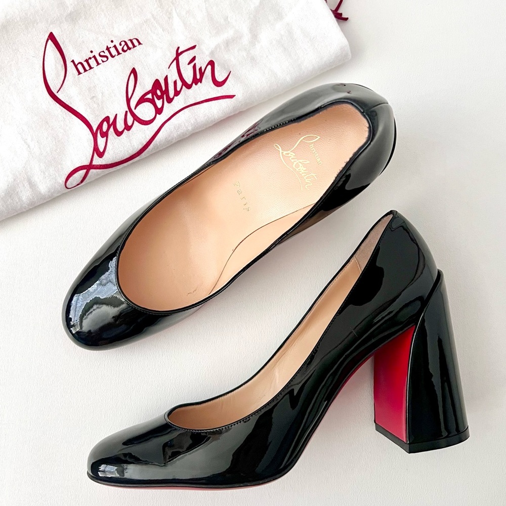 CHRISTIAN LOUBOUTIN | Miss Sab Black Patent Leather Block Heel Pumps 37.5 US 7.5 - Picture 2 of 16